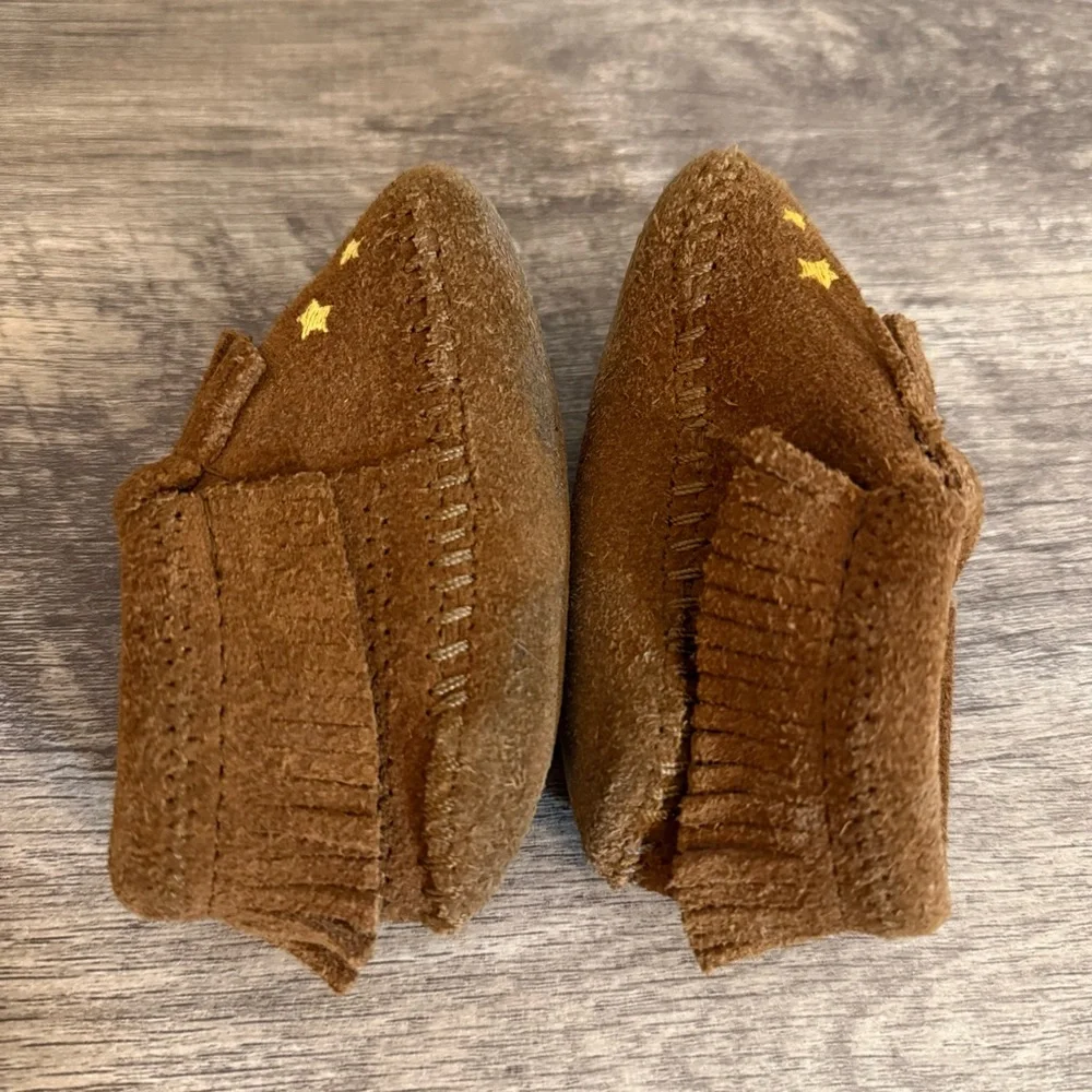 Minnetonka Brown Suede Leather Fringed Baby Booties Yellow Stars Size 3 Infant